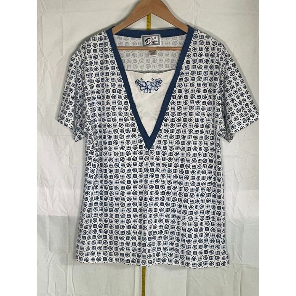 Rare Vintage 90s Blast Blues Women's Blue White Short Sleeved Top Size Medium